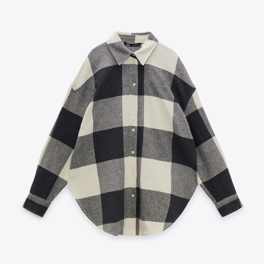 NWT. Zara Oversized Black/Cream Plaid Flannel Shirt. Size M. - Picture 6 of 10